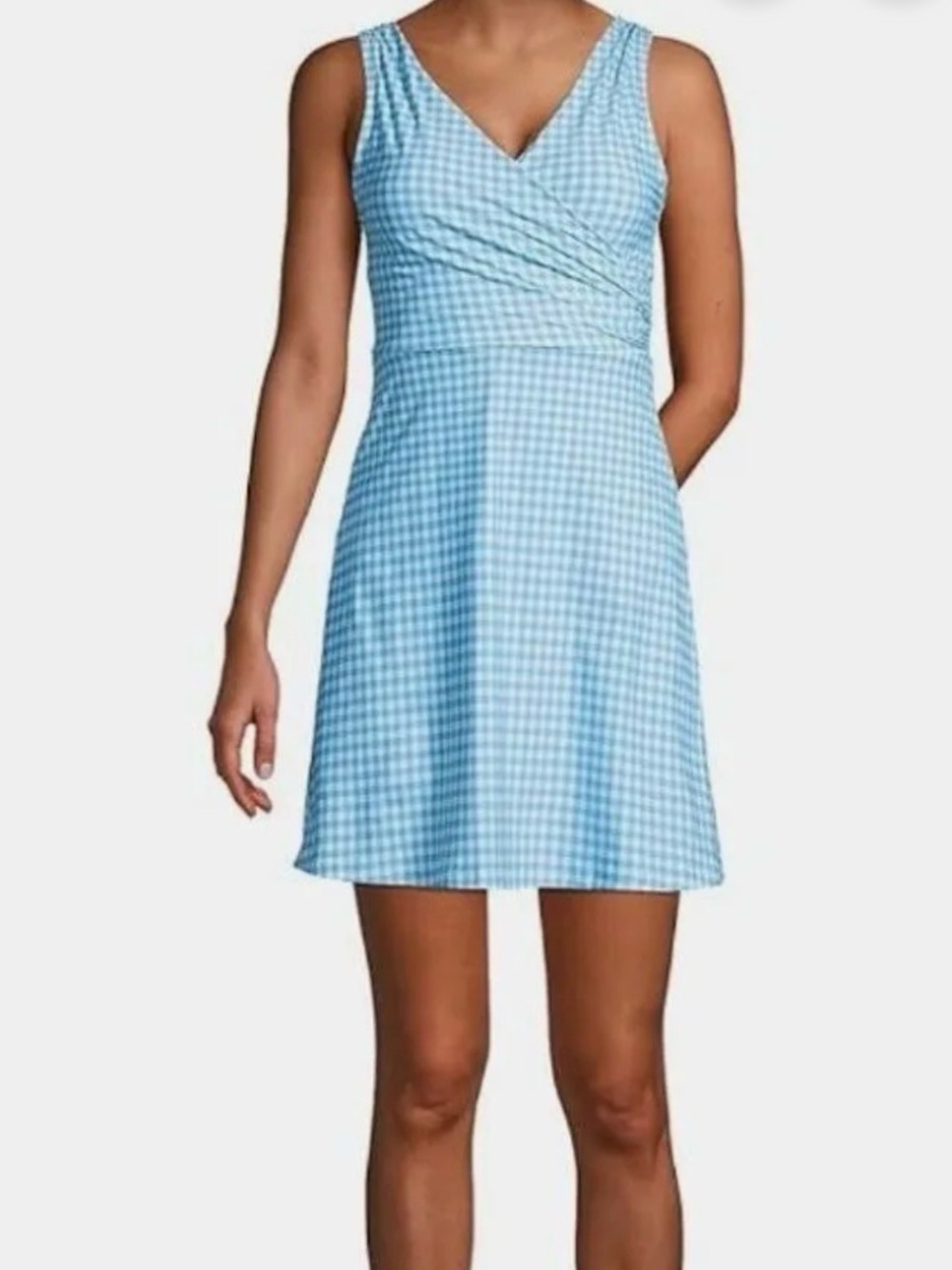 Lands' End Light Blue Gingham One-Piece Swimdress Size 16 - Picture 2 of 11